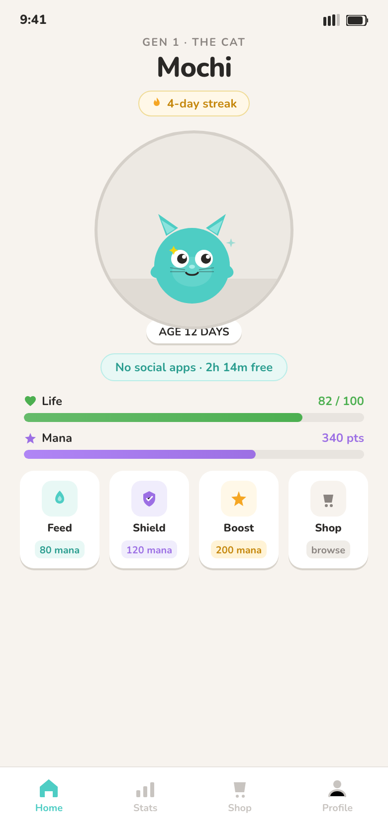 Mindling home with mascot and action cards.