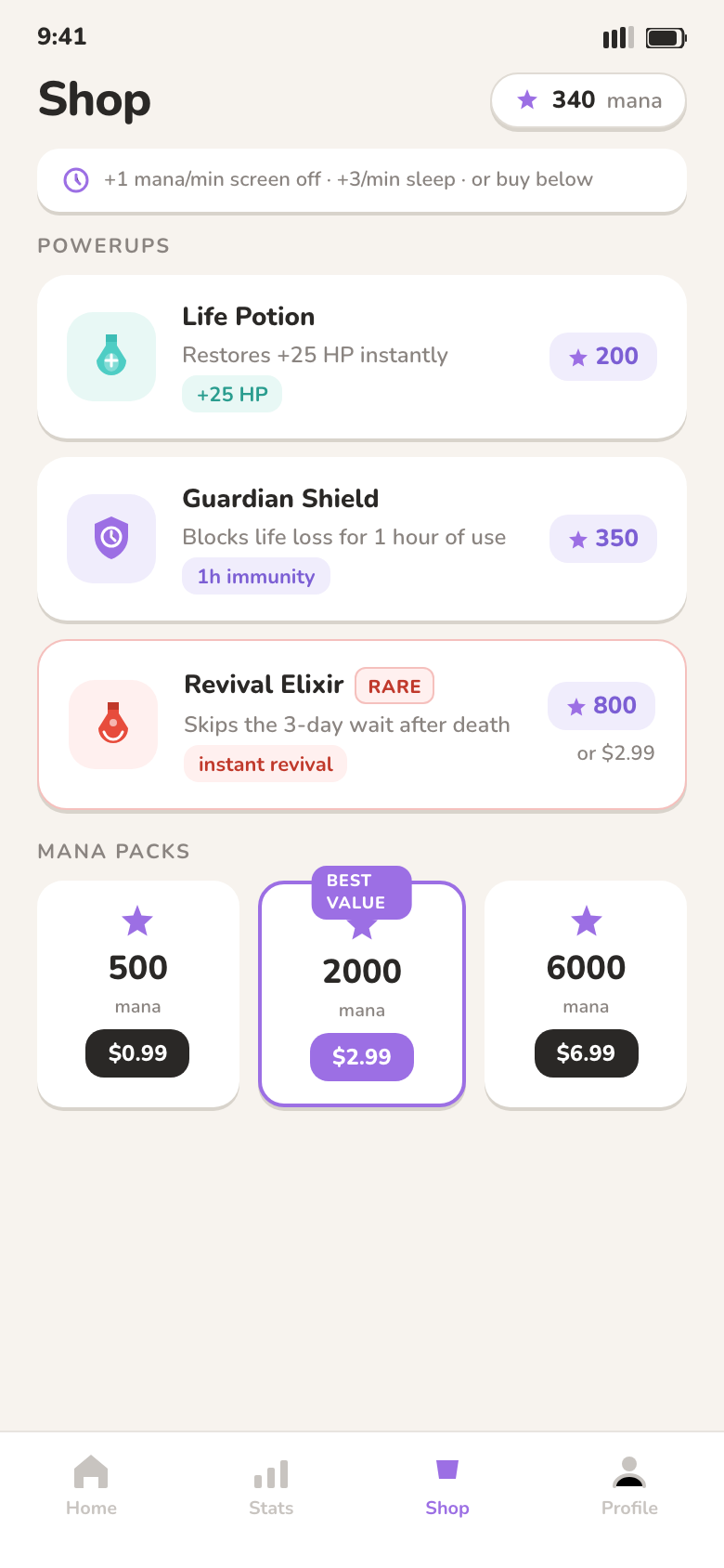 In-app shop with mana bundles and items.